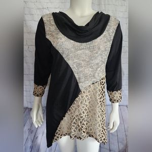 Lily by Firmiana cowl neck 3/4 sleeve lace black color block shirt top size 1X